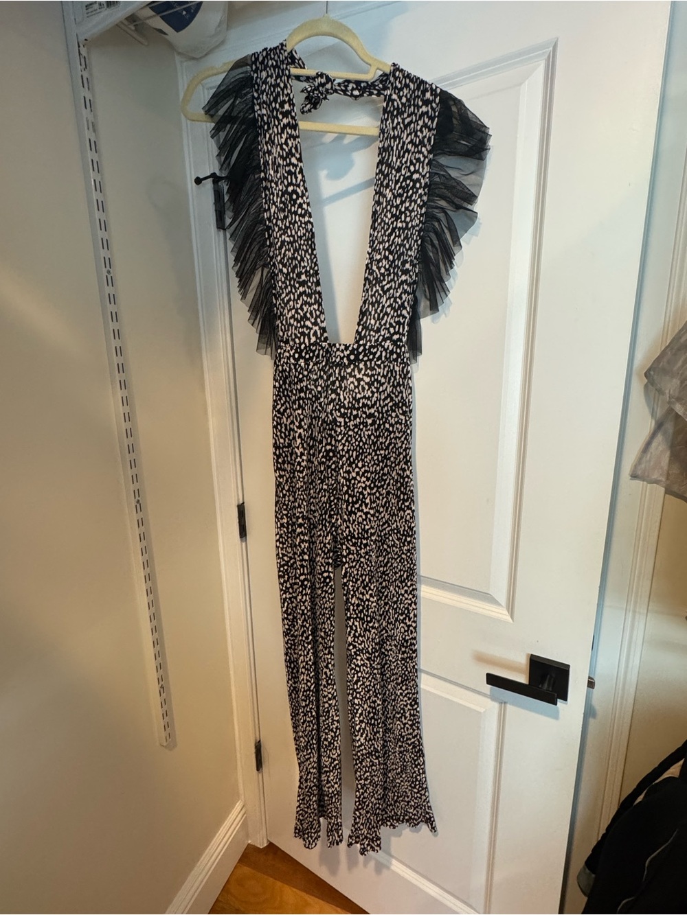Black & White Ruffle-Trim Deep V Jumpsuit Dress